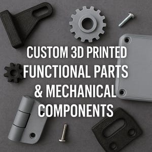 Könnte beinhalten: Eine Auswahl an kundenspezifischen, 3D-gedruckten Funktionsteilen und mechanischen Komponenten in Schwarz und Grau. Das Bild zeigt ein Zahnrad, ein Scharnier und andere mechanische Teile, zusammen mit dem Text "CUSTOM 3D PRINTED FUNCTIONAL PARTS & MECHANICAL COMPONENTS."