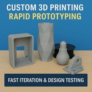 May include: A selection of grey 3D-printed prototypes, including a box, a geometric vase, a lightbulb, and a bracket. The image features the text "CUSTOM 3D PRINTING RAPID PROTOTYPING" and "FAST ITERATION & DESIGN TESTING".