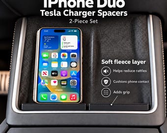 May include: A 2-piece set of black Tesla charger spacers with a soft fleece layer to reduce rattles, cushion phone contact, and add grip. The text reads HANDYTECHNO iPhone Duo Tesla Charger Spacers 2-Piece Set, Soft fleece layer, and Phone not included.