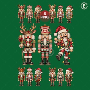 May include: A collection of 17 nutcracker illustrations arranged in three rows on a green background. The figures feature various holiday outfits, including reindeer antlers, Santa hats, and string lights. The text 5 PNG is centered.