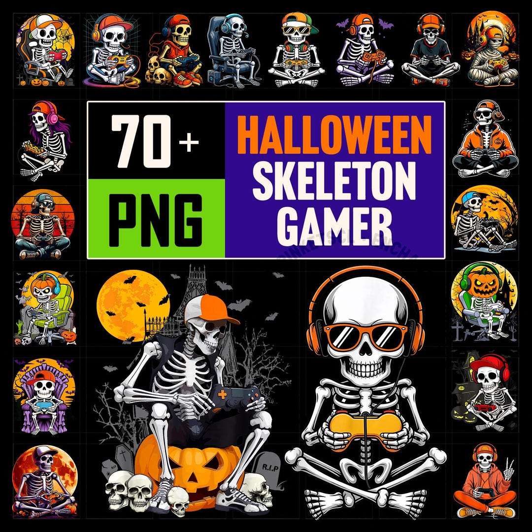 70+ Skeleton Gamer PNG for Halloween Shirts, Spooky Controller Designs ...