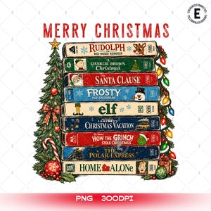 Może przedstawiać: Stos ośmiu kaset VHS w stylu vintage z tytułami filmów świątecznych, w tym Rudolph, A Charlie Brown Christmas, The Santa Clause, Frosty the Snowman, Elf, National Lampoon's Christmas Vacation, How the Grinch Stole Christmas, The Polar Express i Home Alone, obok udekorowanej choinki.