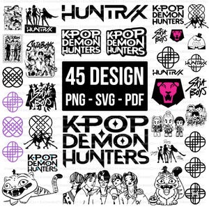 May include: A collection of black and white graphic designs featuring text and illustrations. The designs include the words "HUNTRAX", "K-POP DEMON HUNTERS", and "SATABOYS". The image also includes the text "45 DESIGN PNG - SVG - PDF".