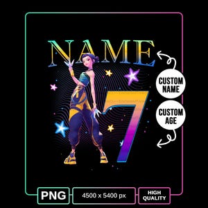 May include: Black graphic design featuring a stylized illustration of a person with the text "NAME" above a large number "7". The design includes stars and the words "CUSTOM NAME" and "CUSTOM AGE".