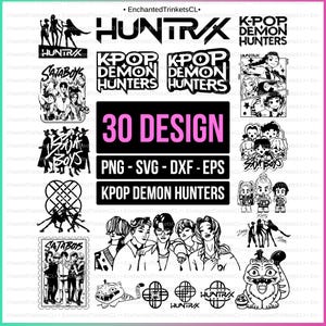 Puede incluir: Una colección de diseños digitales en blanco y negro con temática K-Pop, que incluye texto que dice "HUNTRX", "K-POP DEMON HUNTERS" y "SATABOYS". La imagen también presenta el texto "30 DESIGN" y formatos de archivo.