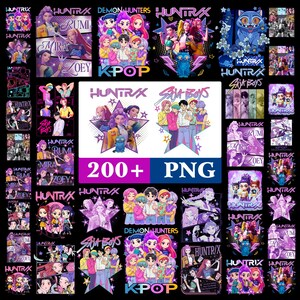 Puede incluir: Una colección de arte digital colorido con ilustraciones temáticas de K-pop. Las imágenes incluyen varios personajes, texto y las palabras "HUNTRIX", "RUMI", "MIRA", "ZOEY", "SIX BOYS", "DEMON HUNTERS" y "KPOP". La imagen central dice "200+ PNG."