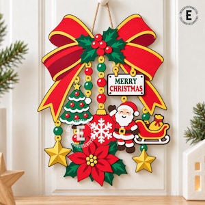 May include: A decorative Christmas wall hanging featuring a large red bow with green holly leaves and berries. It includes dangling ornaments: a green Christmas tree, a red snowflake bauble, a Santa Claus figure, a red sleigh, and yellow stars.