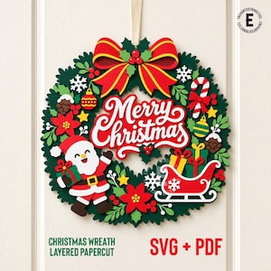 May include: A layered paper Christmas wreath featuring a large red bow at the top, a central Merry Christmas script, a smiling Santa Claus, a red sleigh, presents, poinsettias, and candy canes. The design includes green foliage and white snowflakes.