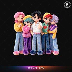 May include: A group of five stylized figures, each with unique hair and clothing. They wear jeans, sweaters, and shirts in various colors, including pink, yellow, green, and purple. One figure gives a thumbs-up.