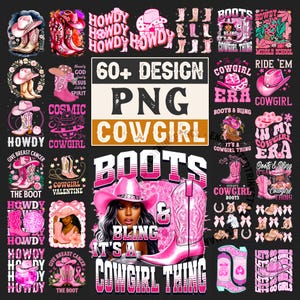 Pacote de Cowgirl Rosa PNG, Pacote de Western Fofo PNG, Arquivos de Sublimação de Cowgirl Atrevida, Camisa Rosa PNG, Design de Botas e Chapéus, Cowgirl Retro