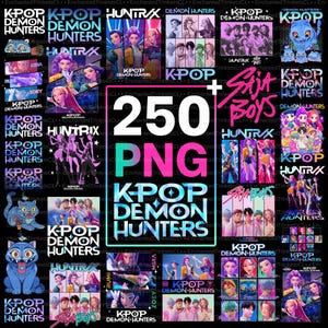 May include: A collection of digital art featuring K-Pop-themed illustrations and graphics. The image includes the text "250 PNG" and various character designs, logos, and group names, such as "Demon Hunters" and "Slay Boys."