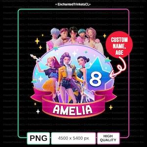 May include: A digital graphic featuring a group of stylized figures, a star, and the number 8. The name "AMELIA" is displayed on a banner. The image includes text that says "CUSTOM NAME, AGE", "PNG", "4500 x 5400 px", and "HIGH QUALITY".