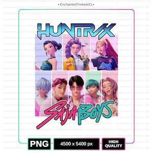 May include: Digital graphic featuring stylized illustrations of six individuals, three women and three men, with vibrant hair colors and fashionable attire. The text "HUNTRAX" and "SAJA BOYS" are prominently displayed in stylized fonts. The image is labeled "PNG", "4500 x 5400 px", and "HIGH QUALITY".