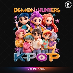 May include: A digital illustration of a group of cartoon characters with colourful hair and outfits. The words "DEMON HUNTERS" and "KPOP" are in 3D lettering, with star accents. The image is set against a black background.