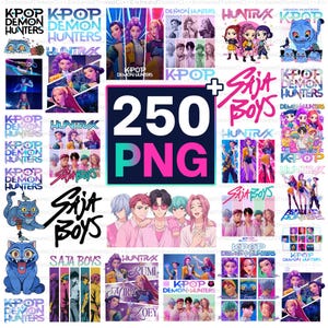 May include: A collage of K-Pop digital graphics, featuring character illustrations and text elements. The image includes the text "250 PNG" in a large, colourful display, alongside various logos and character designs.