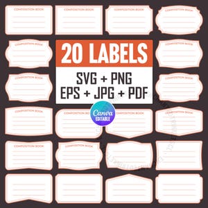 Editable Composition Book Label SVG, 20 Composition Notebook Labels ...