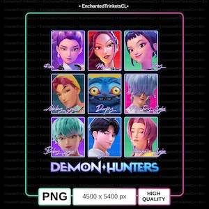 May include: A digital art graphic featuring nine character portraits from "Demon Hunters." Each portrait is in a square frame, with names like "Riky," "Mur," and "Dupy" below. The image includes the text "Demon Hunters," "PNG," and "High Quality."