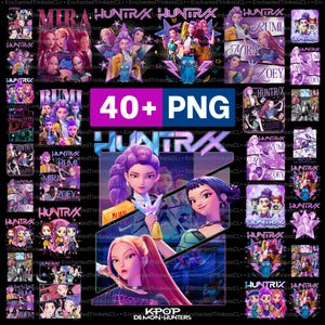 May include: A digital art compilation featuring the word "HUNTRAX" and various character illustrations. The image includes the text "40+ PNG" and the words "MIRA", "RUMI", and "ZOEY". The overall theme is K-Pop, with the text "KPOP DEMON HUNTERS" at the bottom.