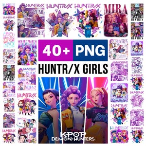 Puede incluir: Una compilación de arte digital con el texto "40+ PNG HUNTR/X GIRLS" y varias ilustraciones de personajes femeninos de estilo anime. La obra de arte incluye colores vibrantes, poses dinámicas y las palabras "KPOP DEMON HUNTERS".