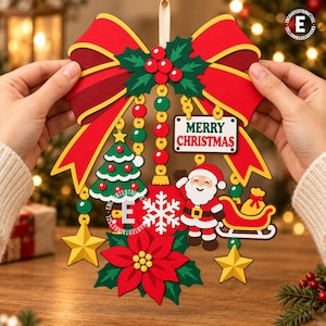 May include: A decorative Christmas wall hanging featuring a large red bow with gold trim, green holly leaves, and red berries. It includes dangling ornaments: a green Christmas tree, a white snowflake, Santa Claus, a red sleigh, and yellow stars.
