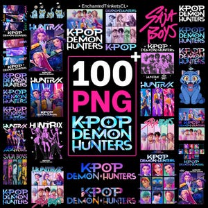 Peut inclure: Une collection de graphiques PNG sur le thème de la K-Pop, présentant divers designs avec le texte "K-Pop Demon Hunters", "Huntrix" et "Saja Boys". L'image comprend un grand graphique "100 PNG" et des illustrations de personnages.