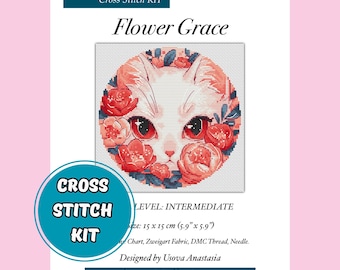 Counted Cross Stitch Kit Peonies and Cat, Embroidery Kit