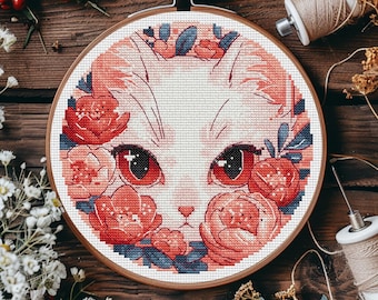 Cross Stitch Pattern Peony Cat: Printable PDF + Saga file
