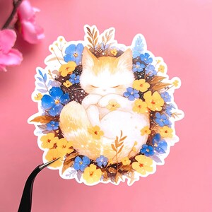 Sticker mignon chat endormi, Sticker vinyle mat chat floral, Sticker imperméable plastifié Cosy Kitty, cadeau pour amoureux des chats, papeterie kawaii