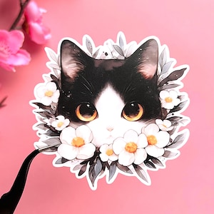 かわいい白黒猫ステッカー、花柄猫ビニールステッカー、かわいいラミネート防水ステッカー、猫好きへのギフト、ダイカット、かわいい文房具