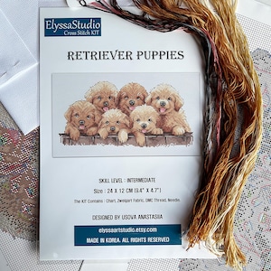 Retriever Puppies Cross Stitch Kit: Chart, 16 count Zweigart Aida fabric, DMC threads, Needle