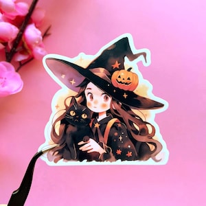 Sticker sorcière mignonne et chat noir, vinyle autocollant Halloween, autocollant effrayant, autocollant esthétique sorcière, autocollant chat noir, autocollant Halloween