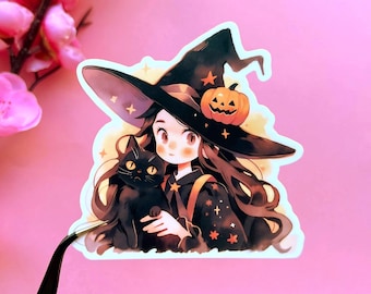 Pegatina de Halloween de bruja y gato negro: vinilo impermeable, laminado mate