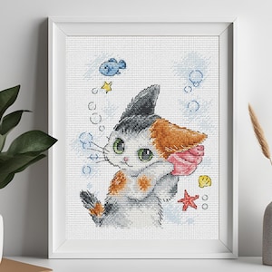 Cross Stitch Pattern Kitten and Shell: Printable PDF + Saga file