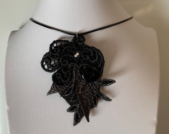 Brown real leather and black macrame lace necklace, floral shape, white beads, leather pendant accessory, valentine's day gift, wedding