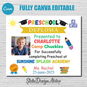 Canva bearbeitbares Vorschuldiplom mit Foto, Abschlusszertifikat, personalisiertes Schulschild, druckbares 8x10-Schild, PreK-Grad-Vorlage,