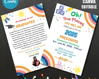Plantilla de programa de graduación de preescolar. Invitación para guardar la fecha. Editable gratis. Invitación de Canva. Tarjeta imprimible. Ceremonia de graduación de preescolar.