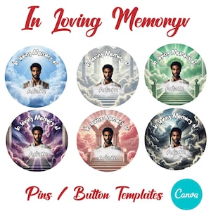 Pode incluir: Seis modelos de botões redondos com uma foto de um homem em frente a um céu nublado com uma escada que leva a um portão. O texto "In loving Memory of Adam" está em cada botão.