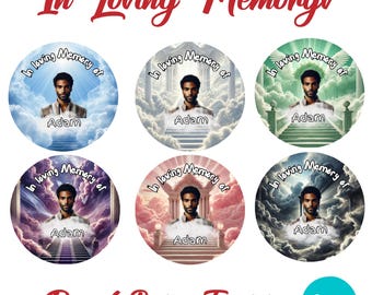 May include: Six round button templates with a photo of a man in front of a cloudy sky with a stairway leading up to a gate. The text "In loving Memory of Adam" is on each button.
