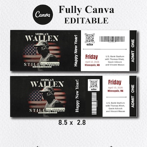 Puede incluir: Dos entradas para conciertos con el texto "Morgan Wallen" y "Still The Problem Tour 2026". Las entradas son en blanco y negro con una foto de un hombre con sombrero y un fondo de bandera estadounidense. Las entradas miden 21,6 x 7,1 cm.