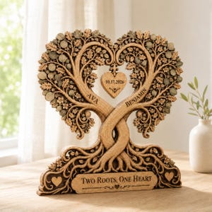 May include: A wooden decorative sculpture featuring two intertwined trees forming a heart shape. The names Ava and Benjamin are engraved on the trunks. A heart-shaped pendant hangs in the centre with 10.17.2026, and the base reads Two Roots, One Heart.