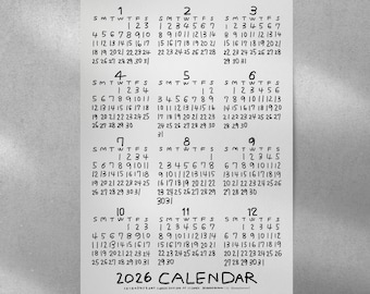 2026 Minimalist Number Calendar – Simple Wall Art for Home & Office（Printable PDF,  PNG）