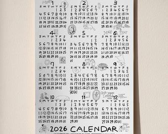 2026 Wall Calendar – Hand-Drawn Illustrations, Artistic Home Decor & Gift Idea (Printable PDF, PNG)
