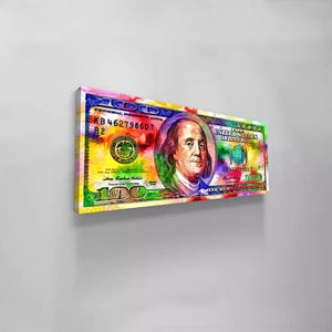 100 Dollar Bill Wall Art – Pop Art Money Print, Vibrant Currency Decor, Benjamin Franklin Poster, Modern Bold Artwork