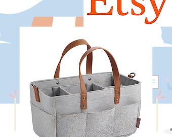 Baby Nursery Diaper Caddy: Felt Storage Organizer Basket with Handle and Large Pocket