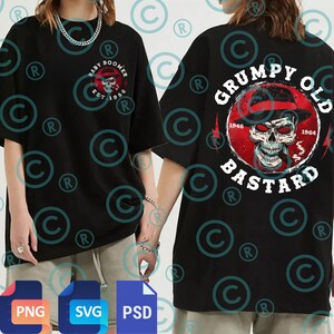 May include: Black t-shirt with a skull design wearing a hat and smoking a cigar. The front of the shirt has a circular design with the text "Baby Boomer Est. 1956". The back of the shirt has the text "Grumpy Old Bastard" in a circular design.