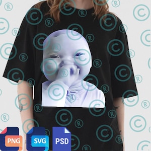 May include: Black t-shirt featuring a light blue graphic of a baby covering its mouth. The design is centered on the shirt. The bottom left corner shows PNG, SVG, and PSD file type icons.