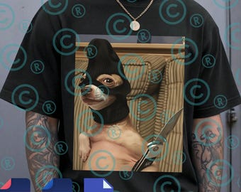 May include: Black t-shirt featuring a chihuahua wearing a black ski mask and holding a silver knife. The dog is depicted sitting on a beige patterned couch. The shirt has the PNG, SVG, and PSD file type icons at the bottom.