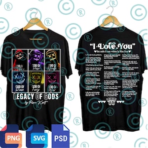 May include: Black t-shirt featuring a design with six masked figures labeled "God of Malice," "God of Pain," "God of Wrath," "God of Ruin," "God of Fury," and "God of War." The text "Legacy of Gods" and "by Rina Kent" are also present.