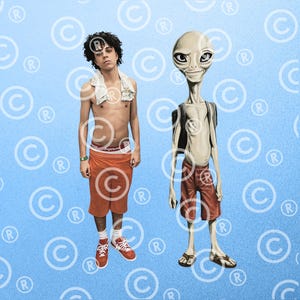 May include: Illustration of a person and an alien standing side by side against a light blue background with copyright symbols. The person is wearing orange shorts, red sneakers, and a white towel. The alien is wearing red shorts and sandals.