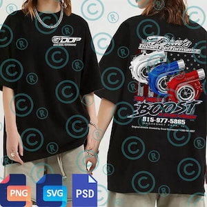 May include: Black t-shirt with the text "DOP Dans Diesel Performance" on the front. The back of the shirt shows "Dan's Diesel Performance" with turbocharger graphics and the text "Too Much Boost Is Almost Enough!" and a phone number.